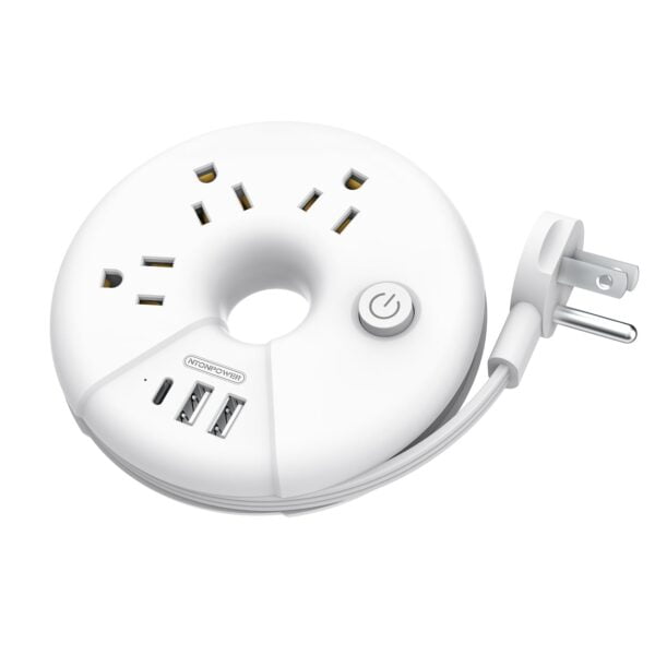 Compact Travel Power Strip with USB Ports for Nightstand, Office, and Travel - White