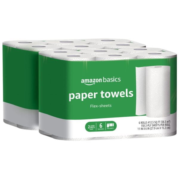 Amazon Basics Flex-Sheets 2-Ply Paper Towels, 12 Rolls = 32 Regular Rolls, 150 Sheets per Roll