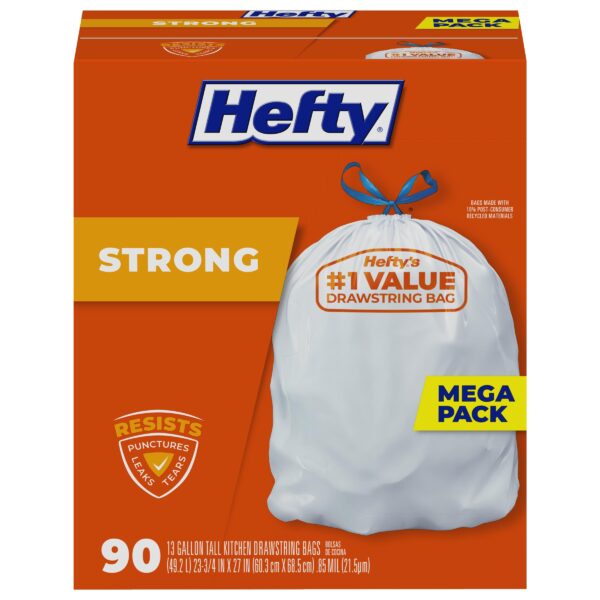 Heavy-Duty Kitchen Trash Bags: Hefty Strong, Unscented, 13 Gallon, Pack of 90