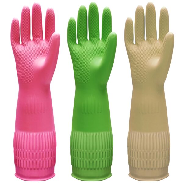 Bamllum 3 Pairs of Rubber Dishwashing Gloves for Ultimate Hand Protection – 15" Long Cuff, Reusable and Non-Slip (Red+Yellow+Green, X-Large)