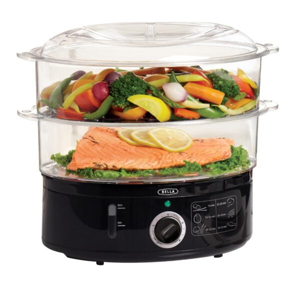 BELLA Two Tier Electric Steamer - Versatile Cooking Companion with Stackable Baskets & Easy-to-Clean Design, Stainless Steel, 7.4 QT, Black