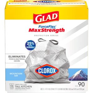 Glad ForceFlex MaxStrength with Clorox Trash Bags, 13 Gal, Mountain Air Scent, 90 Count