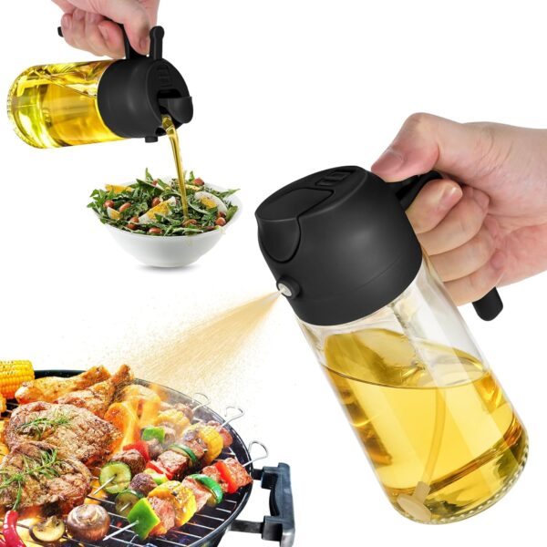 16oz Glass Oil Dispenser Bottle - 2 in 1 Olive Oil Dispenser and Sprayer Set - 470ml Oil Bottle for Cooking - Ideal for Kitchen, Salad, and Barbecue - Sleek Black Design